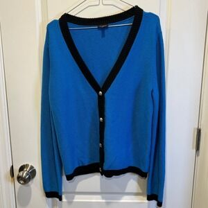 Talbots Electric Blue Black Trim V Neck Button Front‎ Cardigan Sweater Women's M